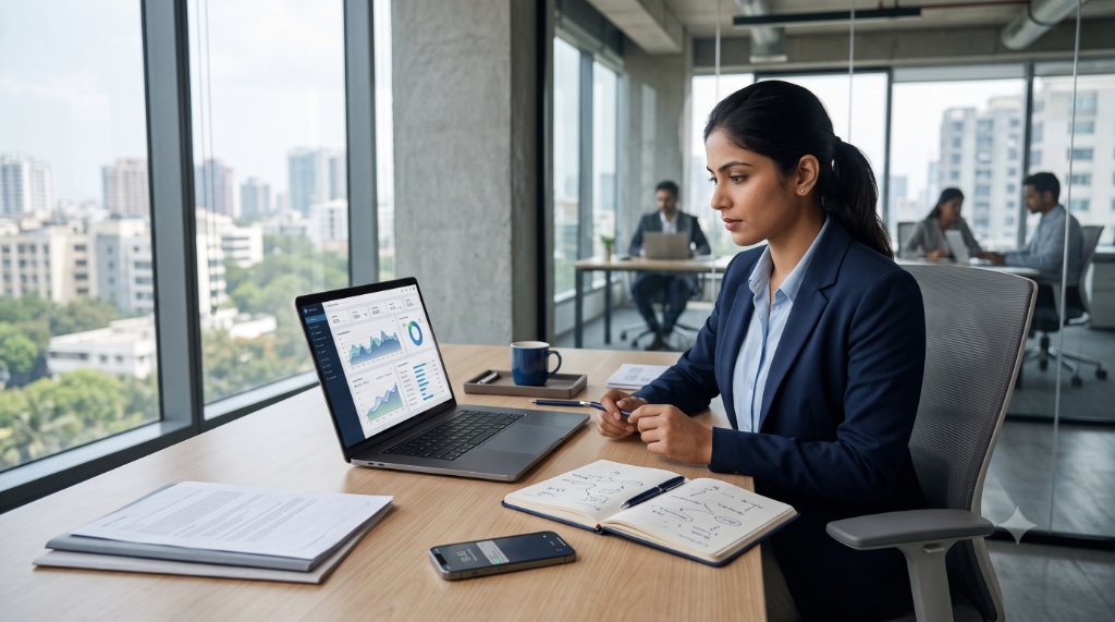 Digital marketing and solutions workspace with performance metrics and corporate strategy