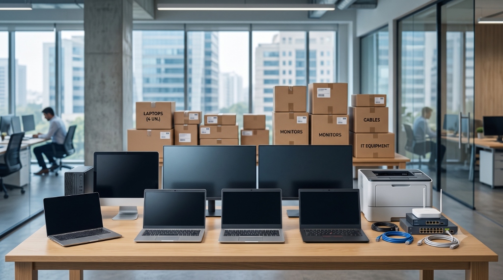 Hardware and procurement workstation with laptops, monitors, printer and packaged IT supplies